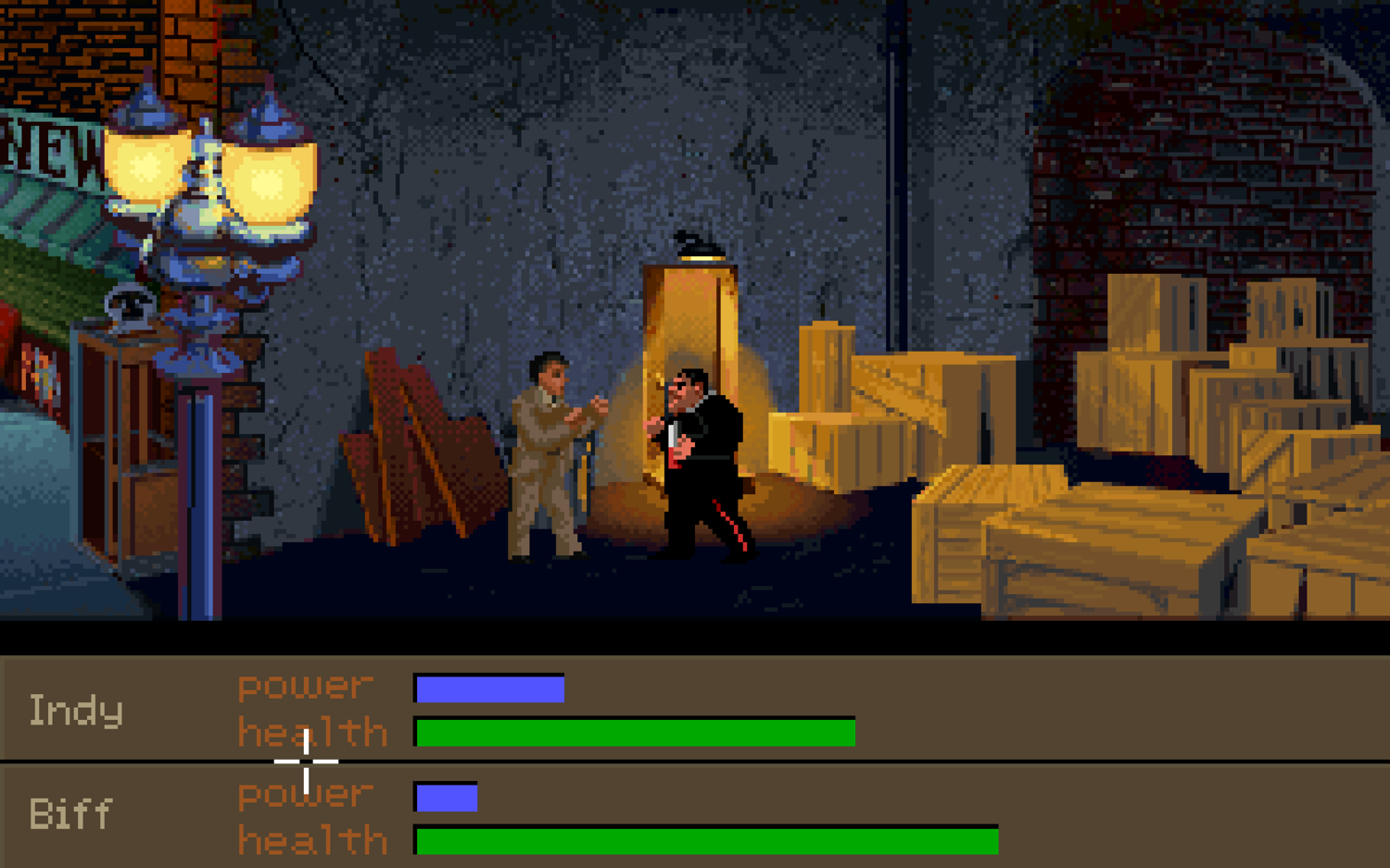 A screenshot of the fighting mechanic in Indiana Jones and the Fate of Atlantis. Indy and Biff are squaring up in the alley behind the theatre.