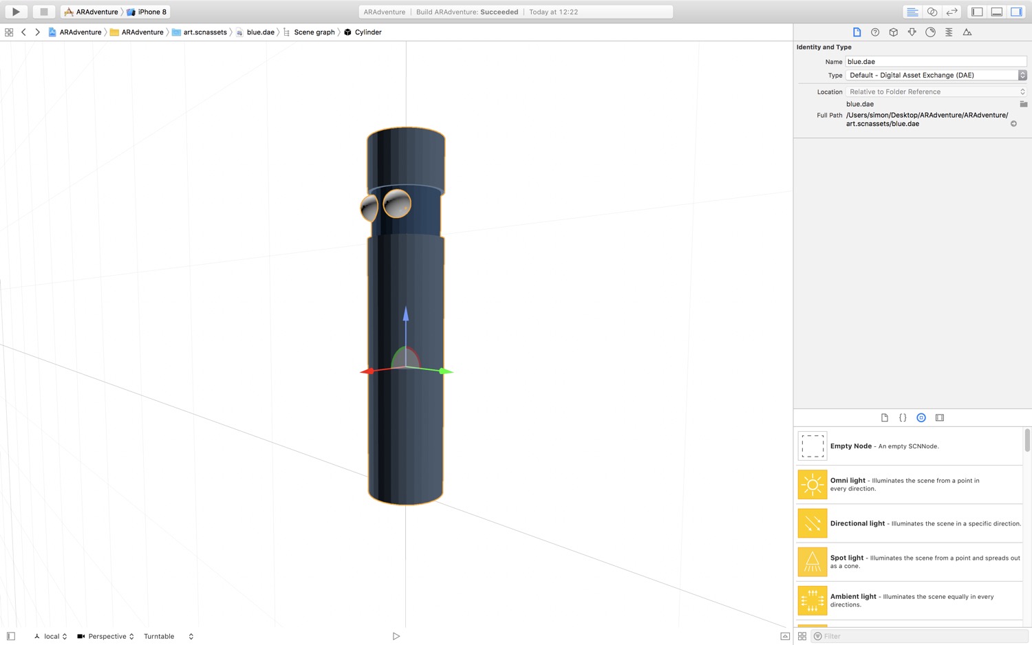 A screenshot of Xcode in the SceneKit editor view. It has a blue cylinder with eyes placed in the middle.