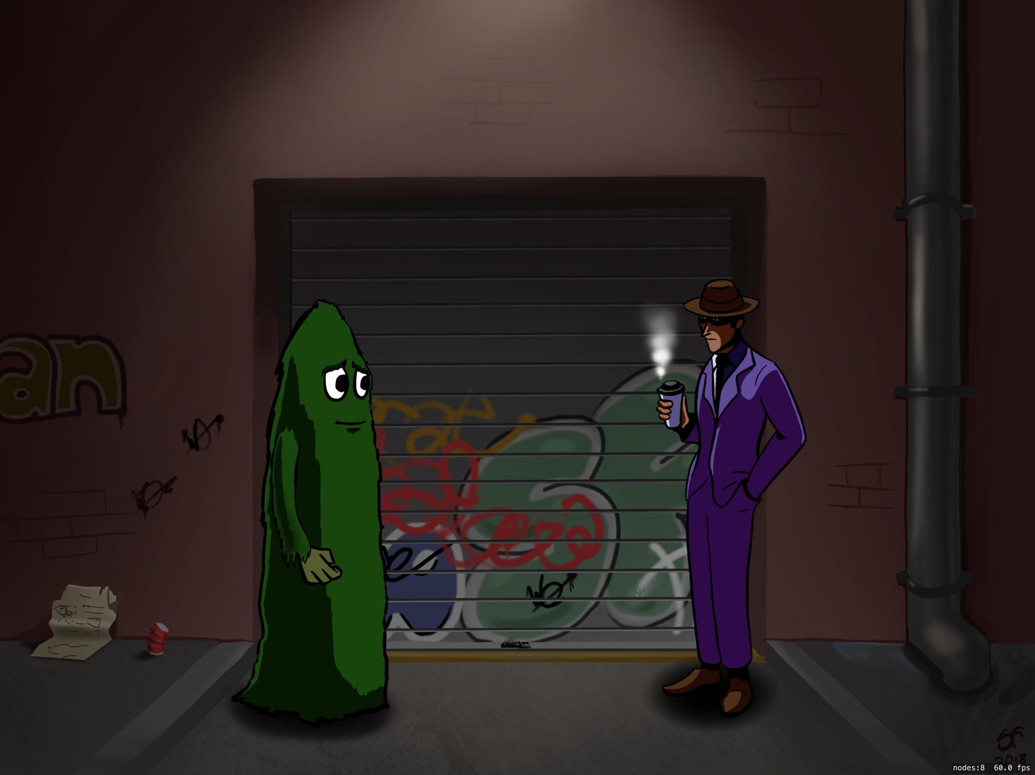 Another screenshot of a 2D Adventure game scene, where a green fuzzy monster is meeting a sinister man in a back alley