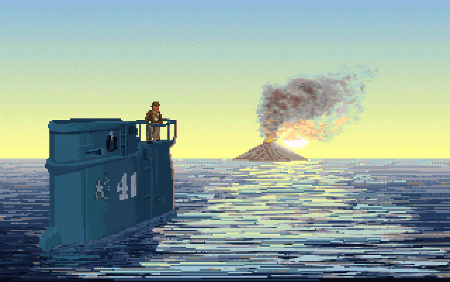 Screenshot of Indiana Jones and the Fate of Atlantis. Indy is standing on the Captain's Bridge on top of the conning tower of a submarine, watching a volcano explode. 