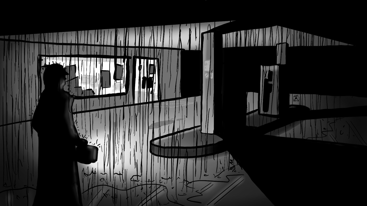 Black and white sketch of a man approaching a dark petrol station in the rain.
