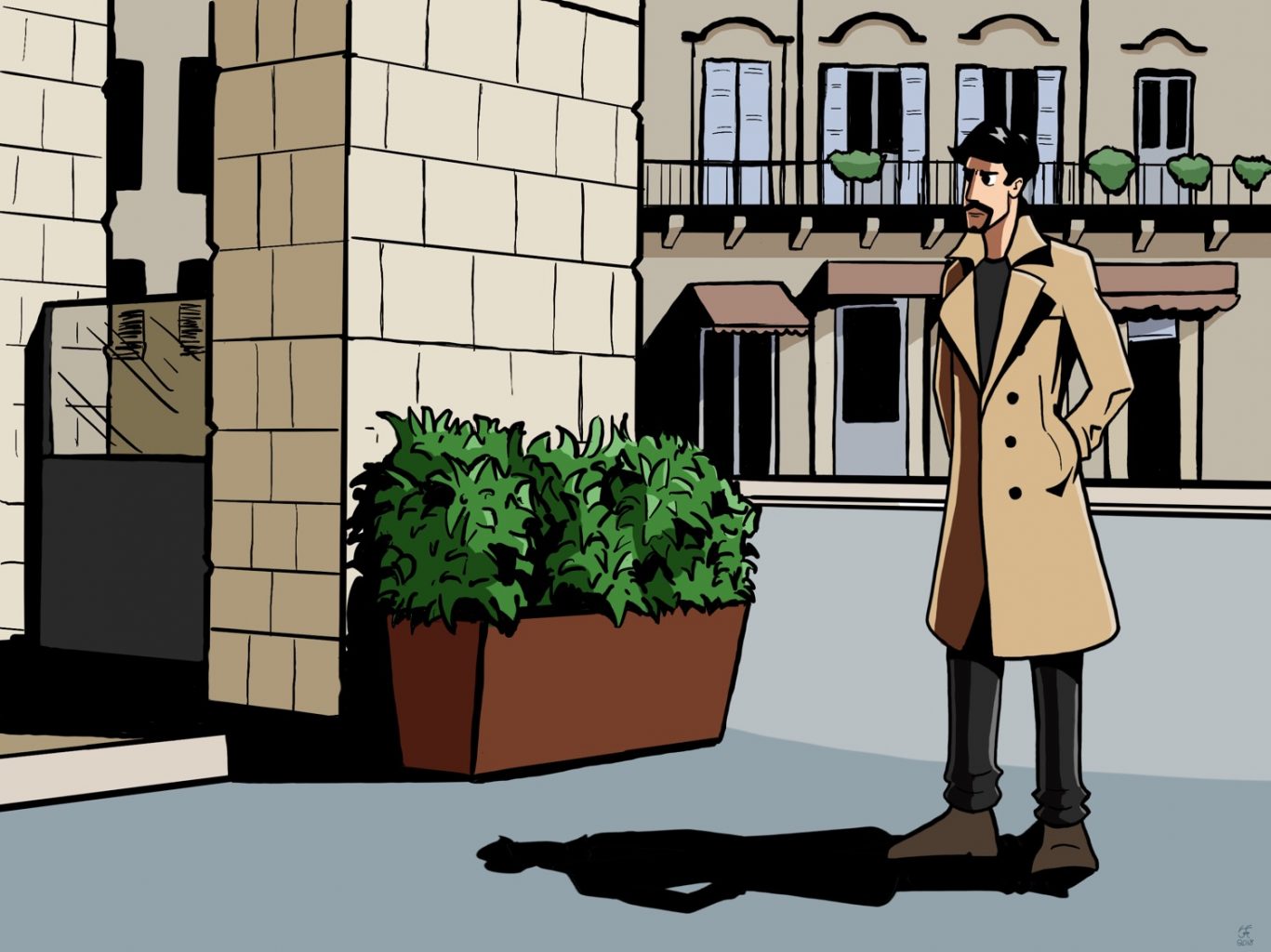 An illustration of a character with a goatee and a trench coat standing in an Italian square