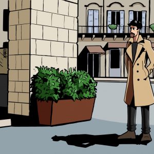 An illustration of a character with a goatee and a trench coat standing in an Italian square