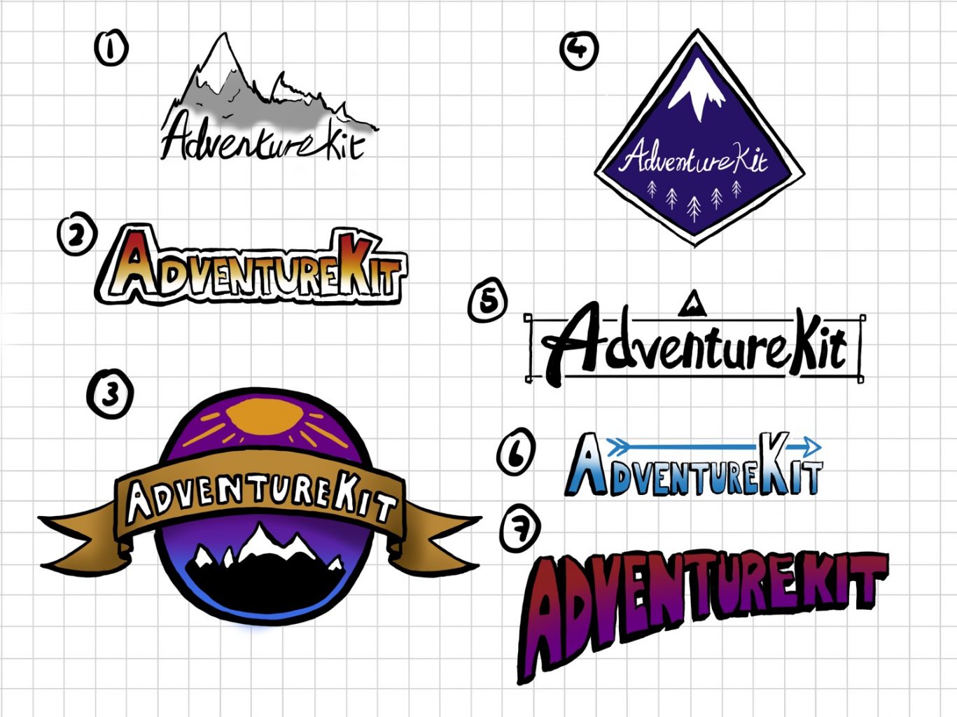 A group of seven colour sketches for AdventureKit logos arranged on a grid.