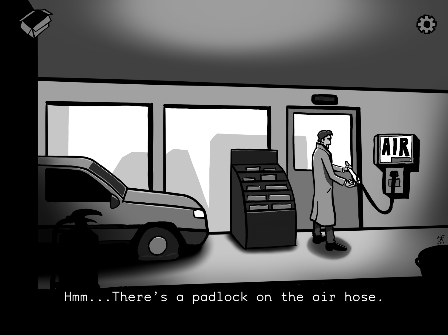 A black and white sketch of a man outside a garage checking out an air hose to use on his flat tire.