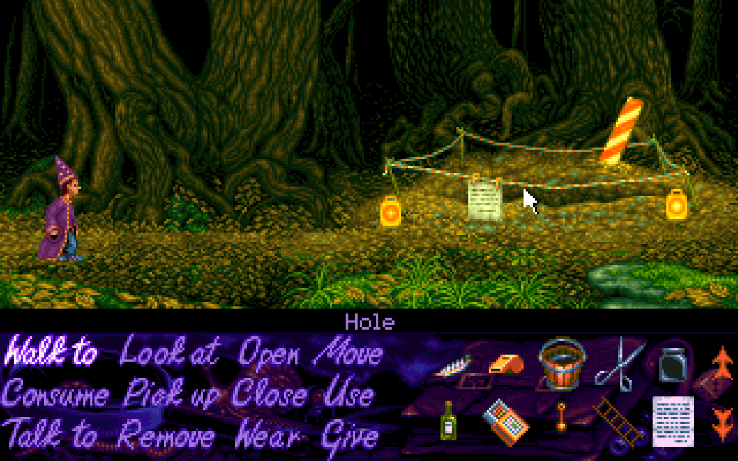 A screenshot of Simon the Sorcerer. Simon is on a path and an archeologist has dug a deep hole.