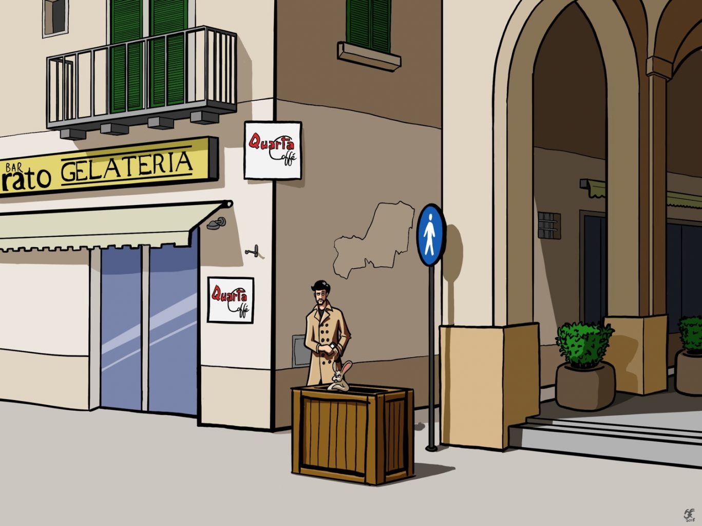 An illustration of a piazza in Lecce, Italy, with a man in trench coat standing behind a box with a rabbit poking out of it.