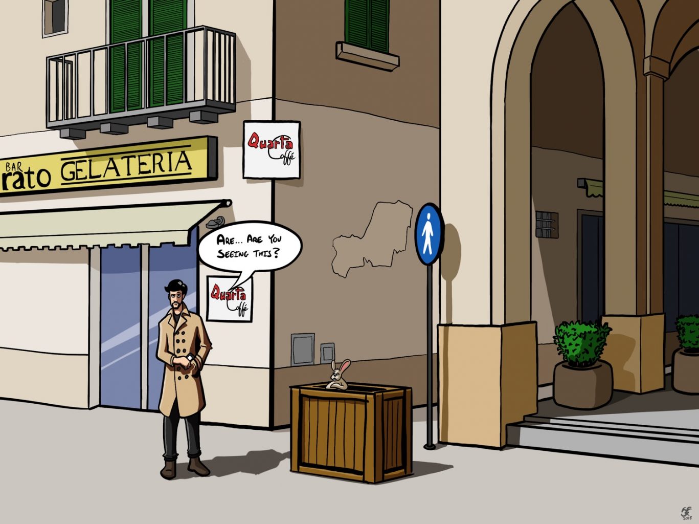 An illustration of a piazza in Lecce, Italy, with a man in trench coat standing next to a box with a rabbit poking out of it. He is saying 'Are...are you seeing this?'