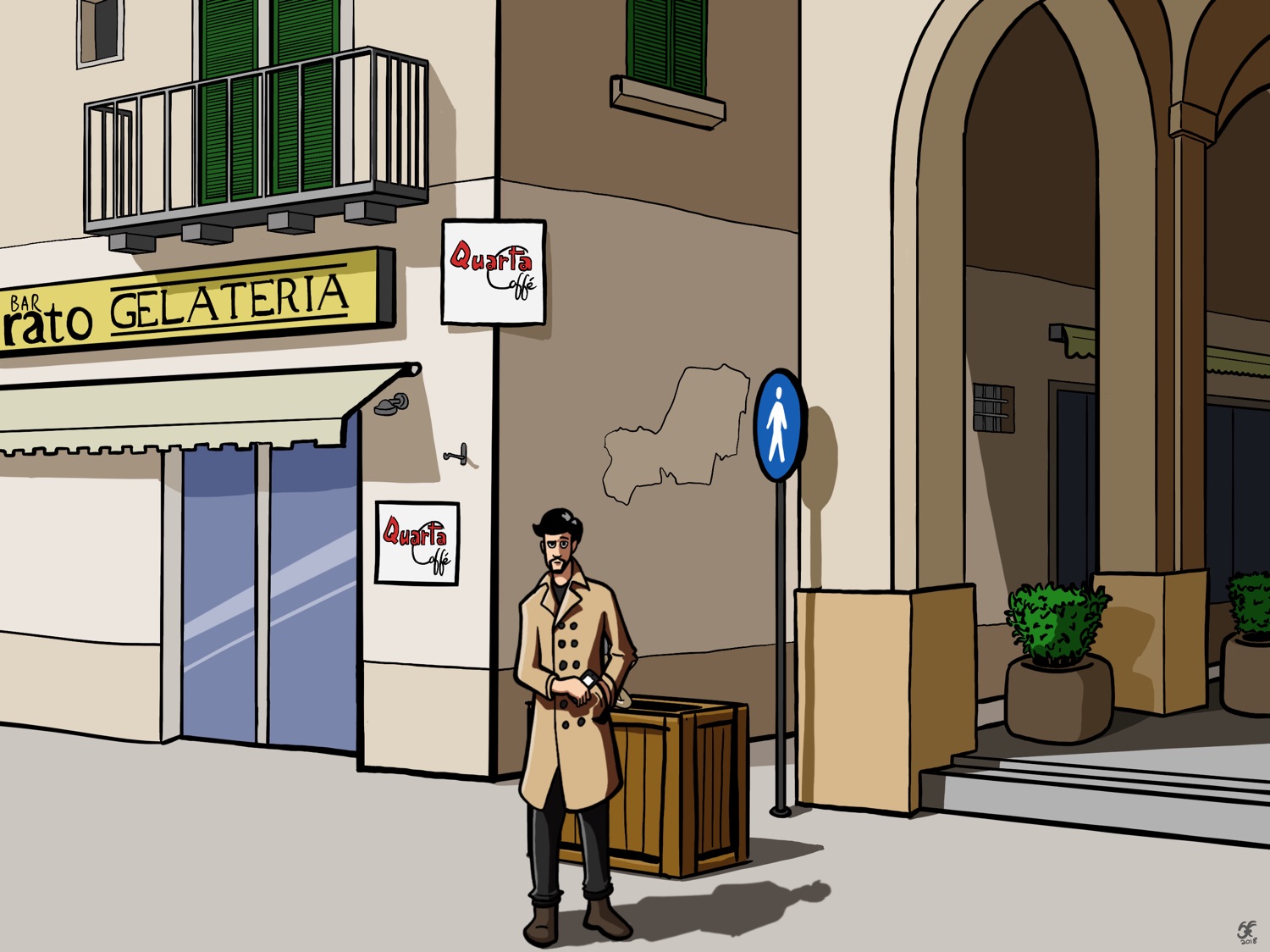 An illustration of a piazza in Lecce, Italy, with a man in trench coat standing in front of a box with a rabbit poking out of it.
