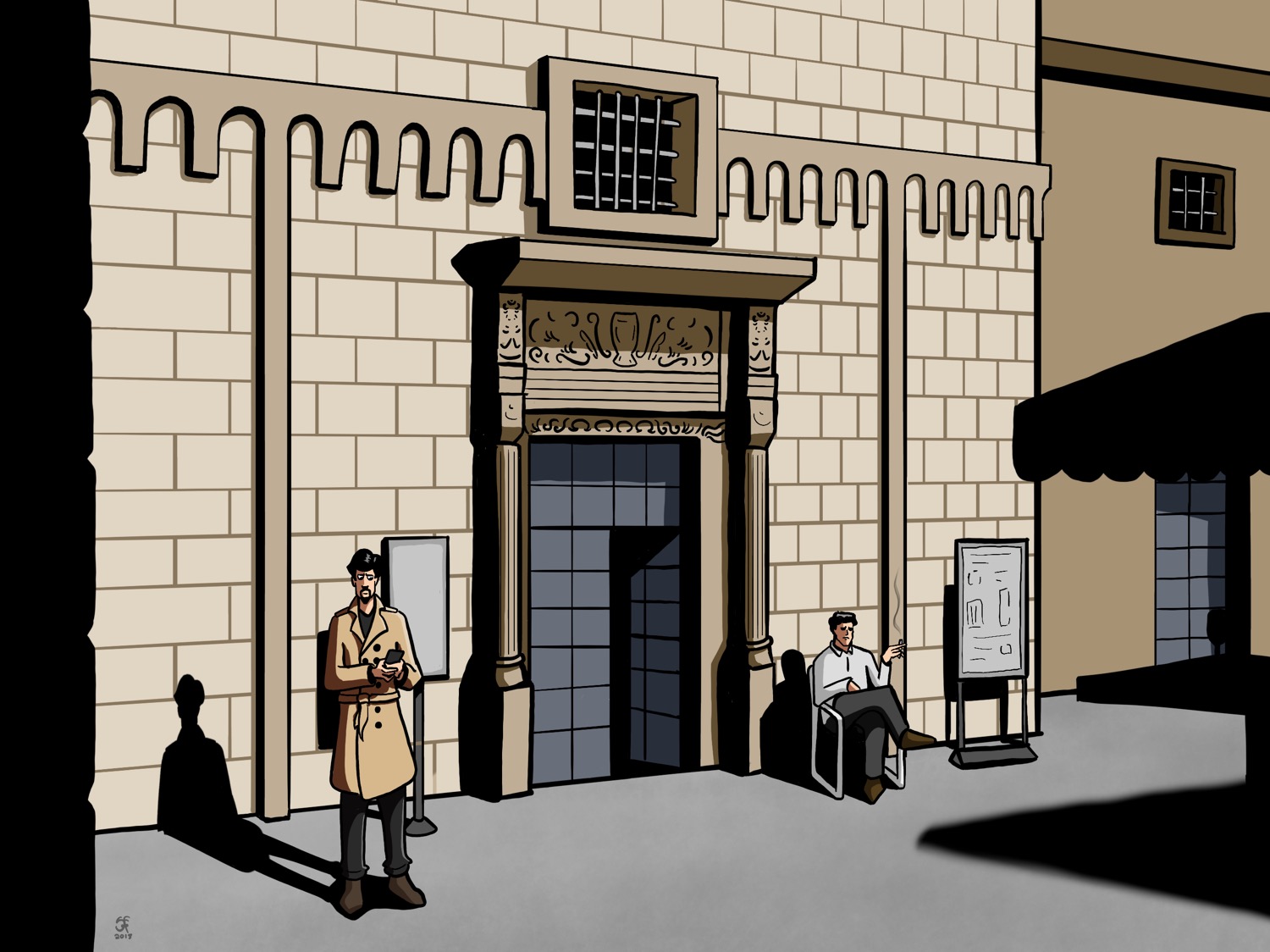 An illustration of the Chiesa di San Sebastiano church in Lecce, with our man in a trenchcoat in front of it and a suspicious stranger seated smoking a cigarette.