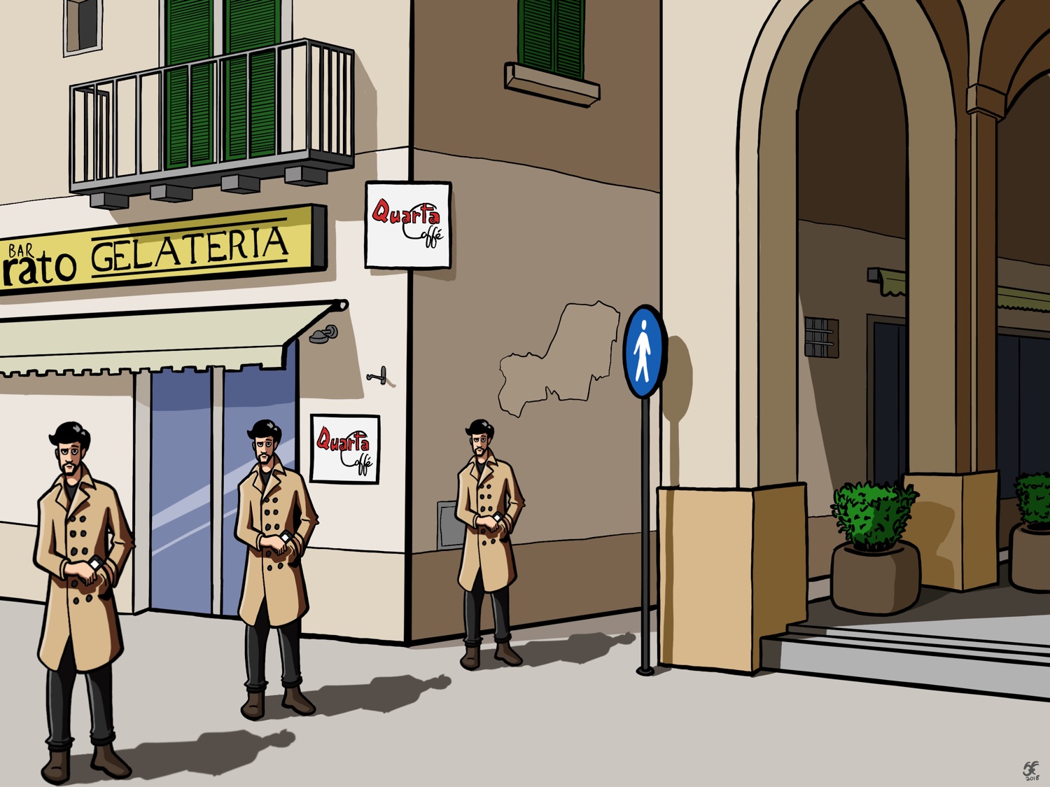 An illustration of a piazza in Lecce, Italy. There are three men in trench coats standing in the piazza and their perspective so they gradually get smaller the further into the scene they go.
