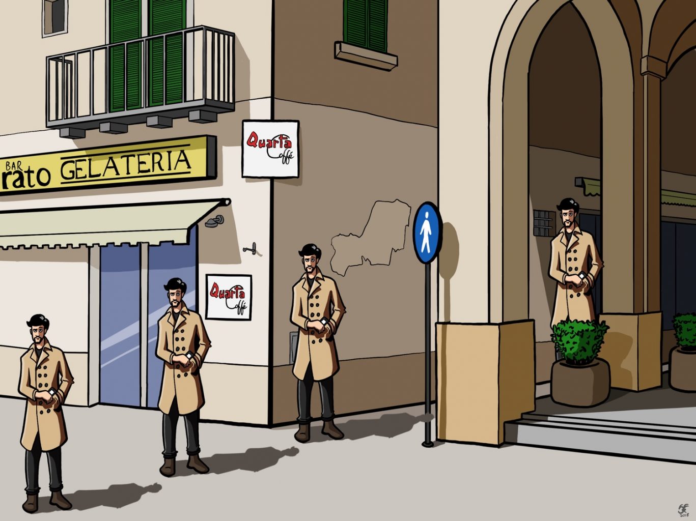 An illustration of a piazza in Lecce, Italy. There are four men with trench coats but their perspective is all wrong so it looks like they go from tiny to gigantic.