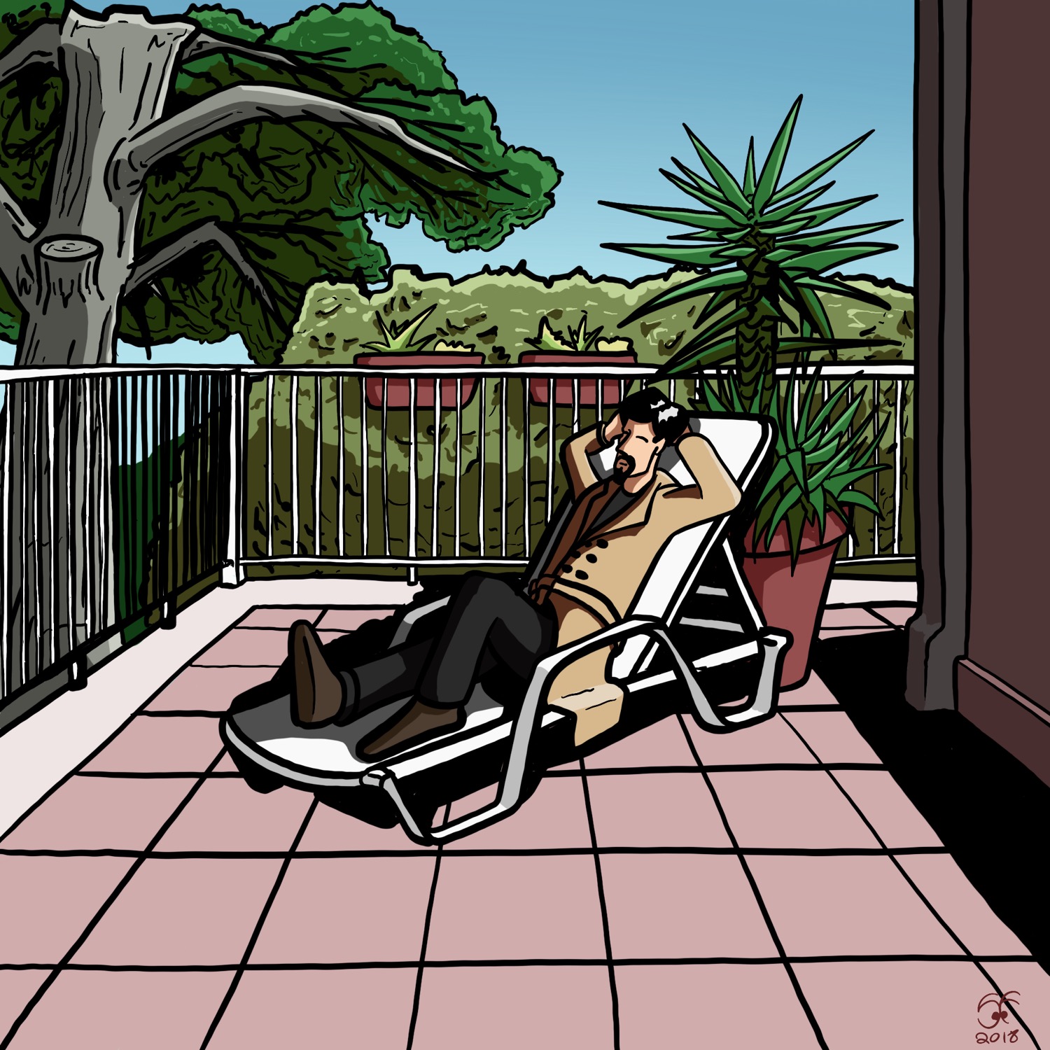 Illustration of a man in a trench coat lounging on a sun lounger in Veste, Italy on a balcony surrounded by trees.