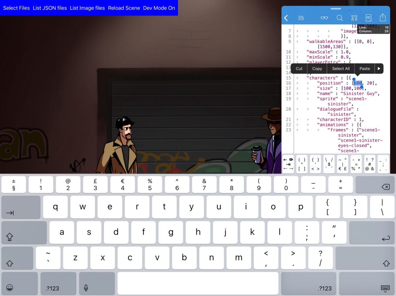 A screenshot of my adventure game scene. Textastic is open over it and the scene file is being edited. The non-player character's position is being changed.