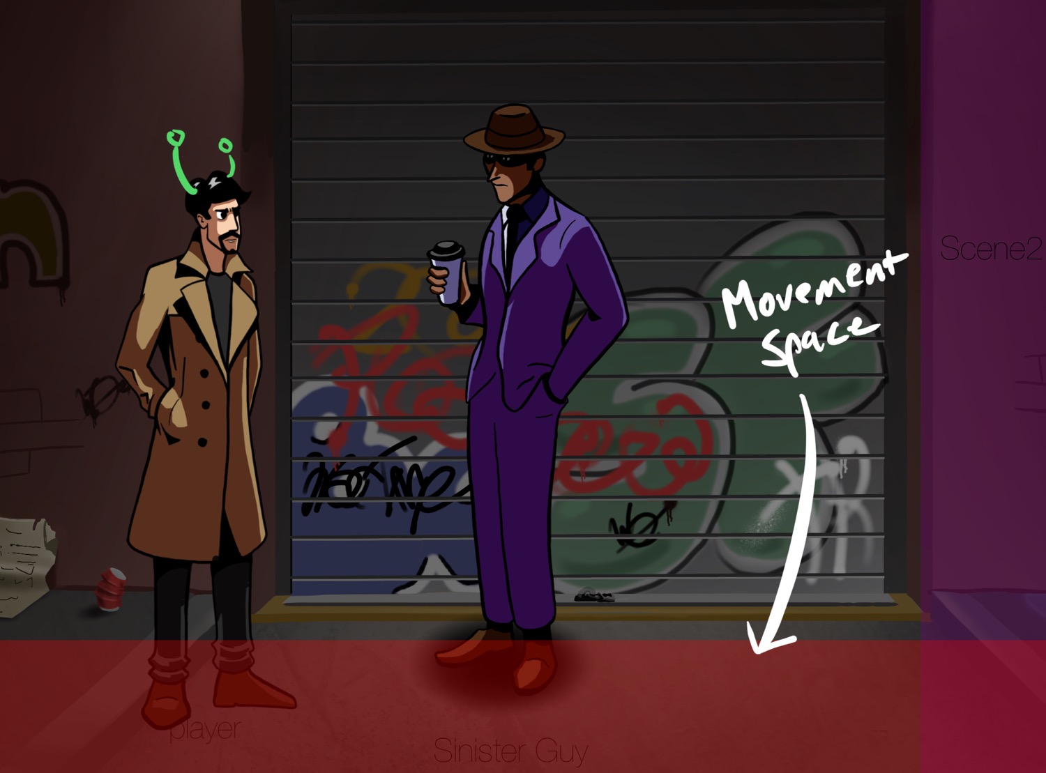 An illustration of two men, one in a trench coat and one in a purple suit, standing in an alley with a garage door in the background. The bottom sixth of the screen is highlighted red to illustrate where the man in the trench coat can move. This red space is marked 'Movement Space'.