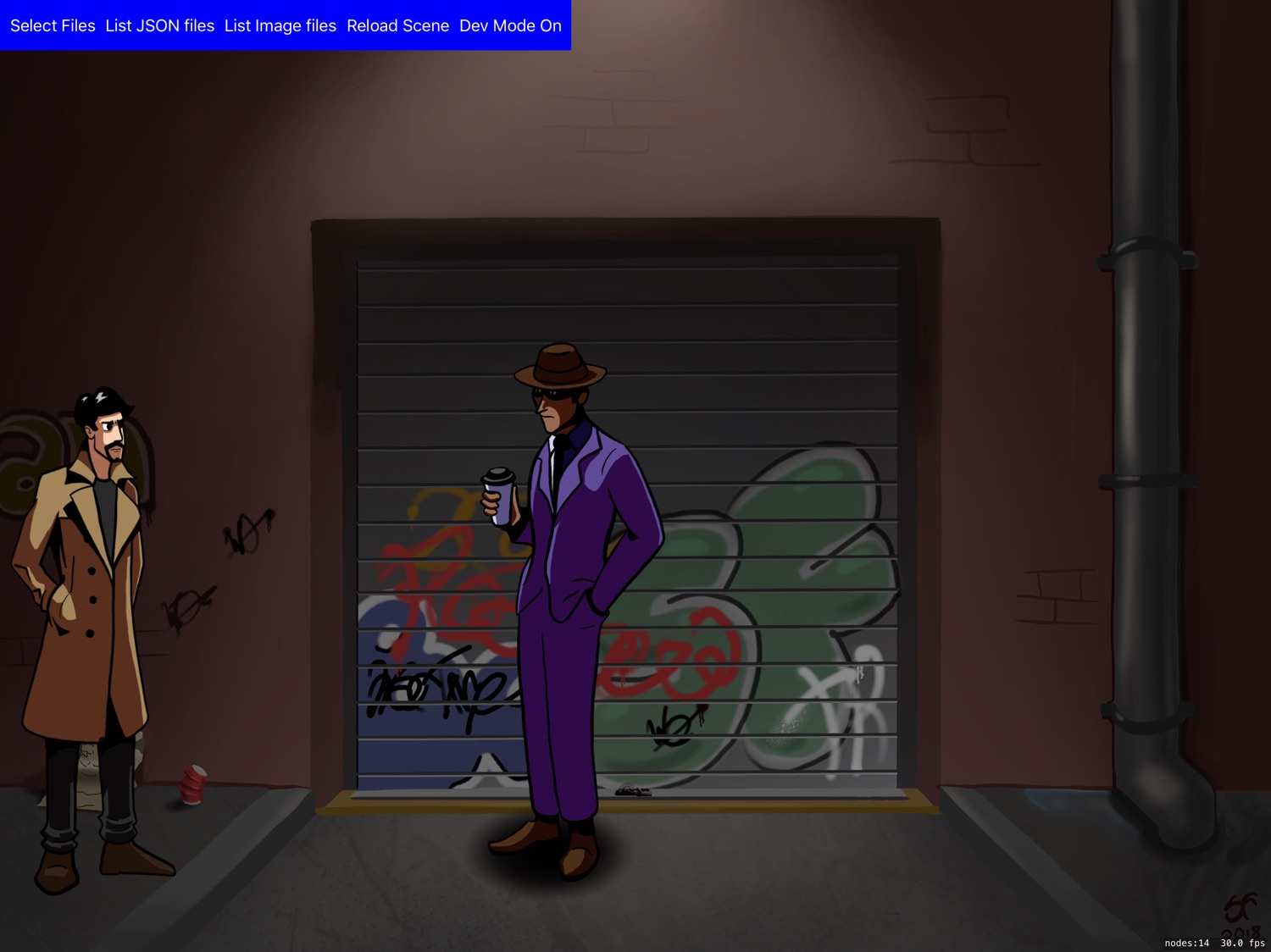 A screenshot of my adventure game scene after reloading. The scene has two characters facing each other in a dark alley, one in a pale yellow trench coat the other in a purple suit. The non-player character is now in a new position.