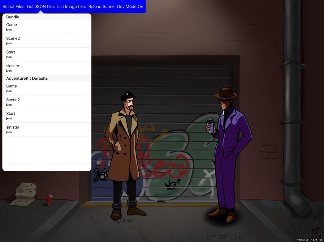 A screenshot of my adventure game scene. The scene has two characters facing each other in a dark alley, one in a pale yellow trench coat the other in a purple suit. A file list is open that shows a list of files that can be exported from the game.