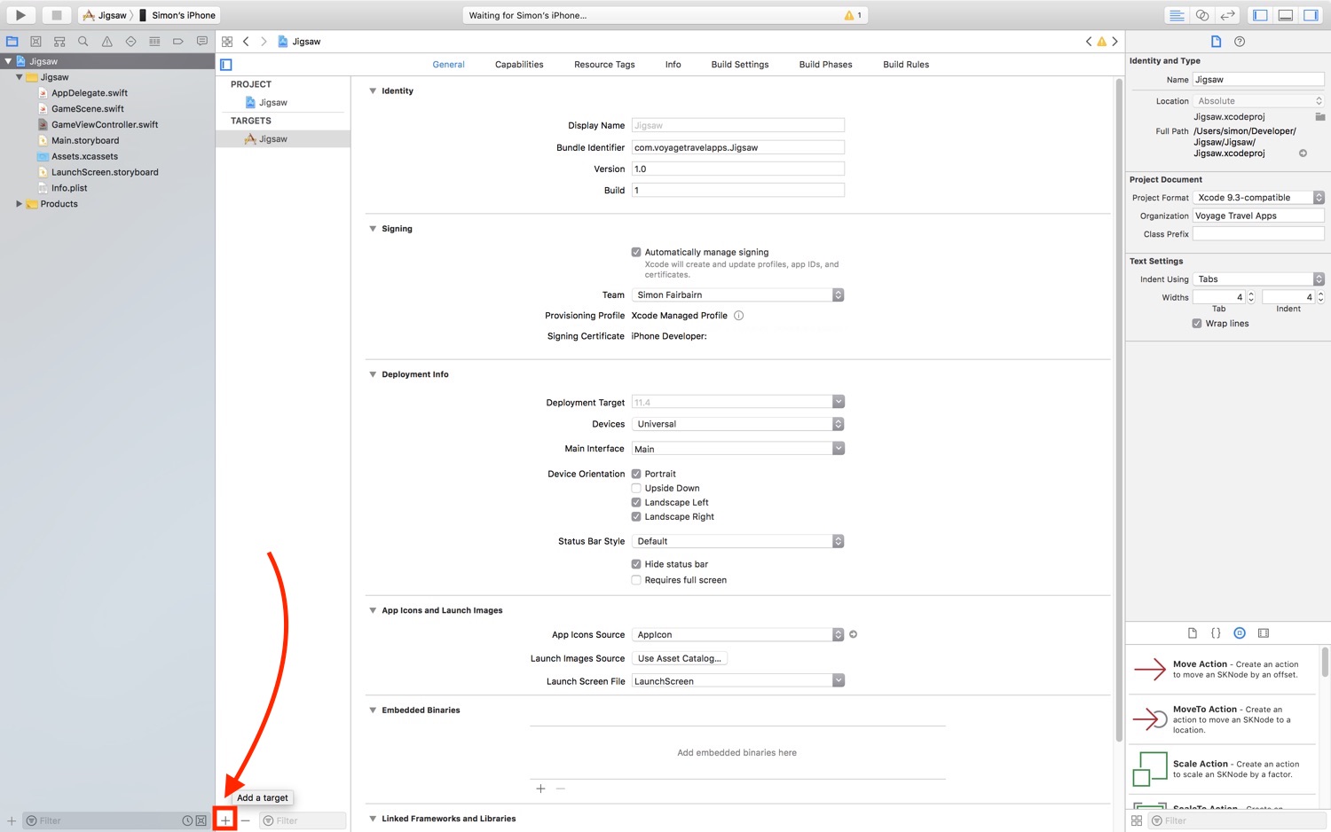 A screenshot of Xcode's General project settings tab with the Add Target button in the bottom left of the middle panel highlighted.
