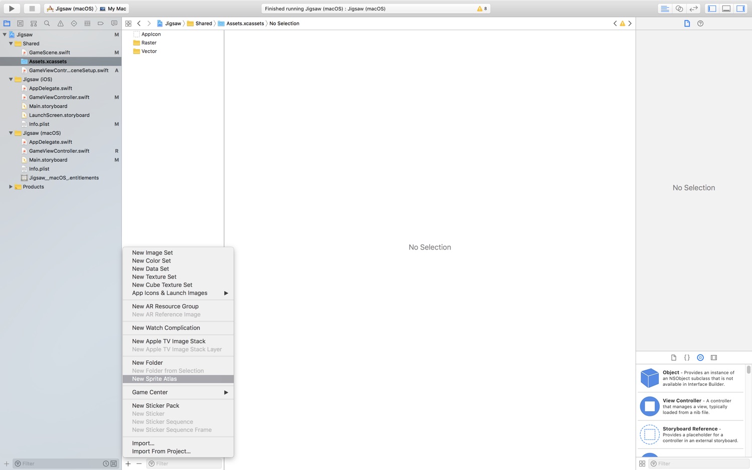 An Xcode screenshot showing the contextual menu for the Xcode Asset manager. The highlighted options is New Sprite Atlas.