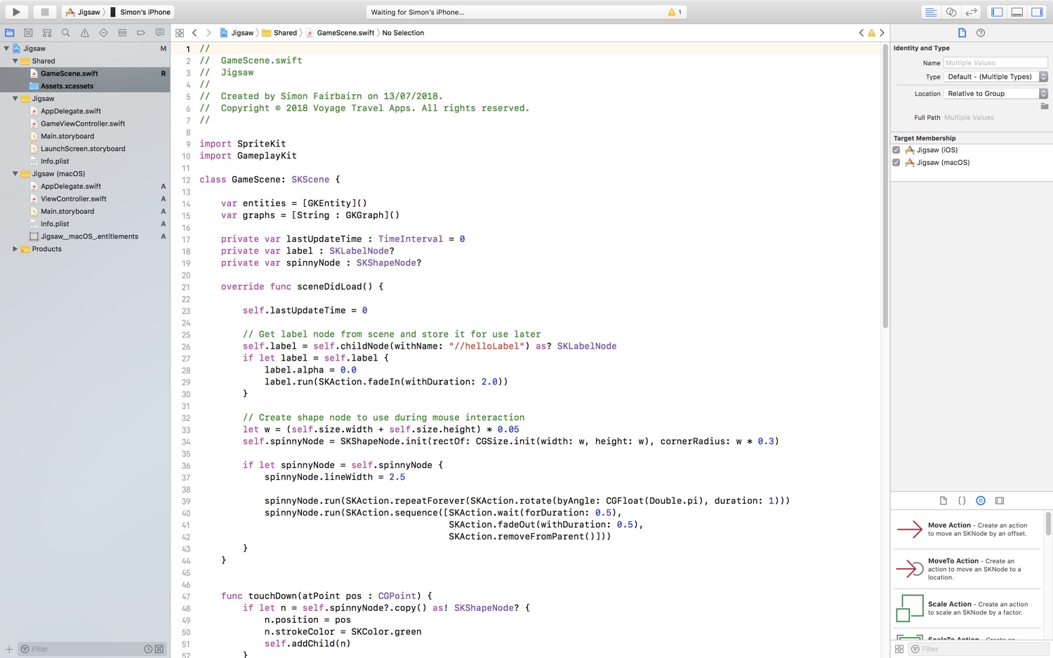 A screenshot of Xcode's code editor. At the left is the File Explorer, with three folders listed. The first is Shared, and contains GameScene.swift and Assets.xcassets. The second is Jigsaw and contains AppDelegate.swift, GameViewController.swift, Main.Storyboard, LaunchScreen.storyboard, and Info.plist. The last folder is Jigsaw (macOS) and contains AppDelegate.swift, ViewController.swift, Main.storyboard, Info.plist, and Jigsaw_macOS_entitlements.