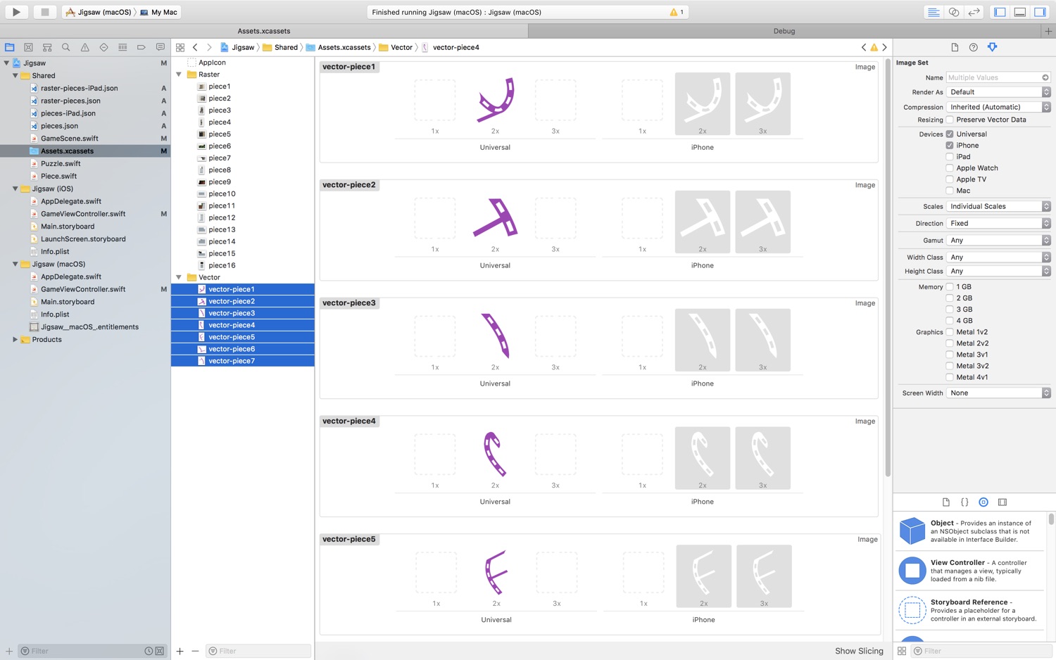 A screenshot of Xcode's Asset Catalog explorer. 7 items are highlighted which shows a summary of the images in the central pane. There is a purple, 2x Universal asset as well as 2x and 3x white iPhone assets.