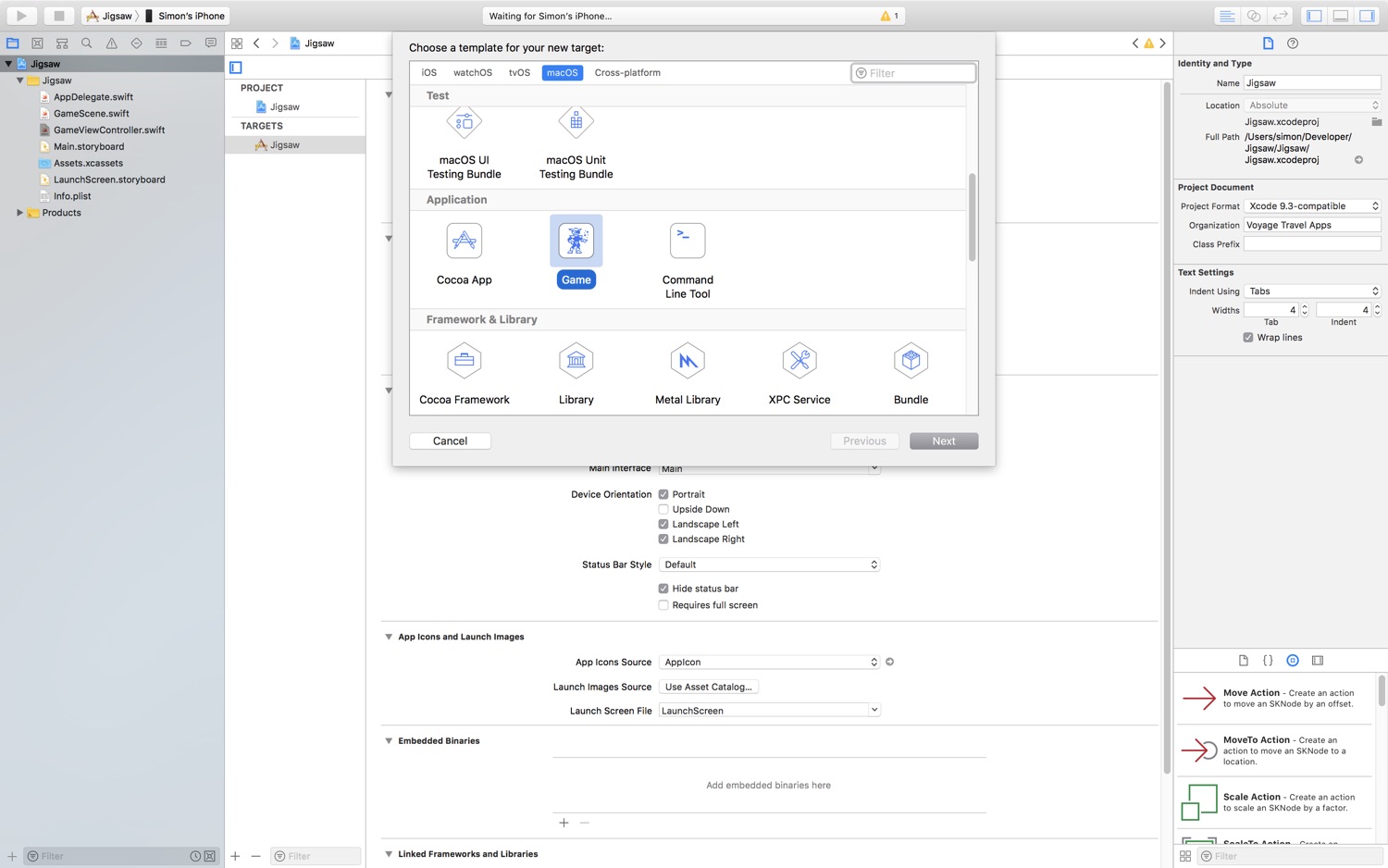 A screenshot of Xcode's New Target, Select Template dialogue. The macOS tab is selected and Game is highlighted.