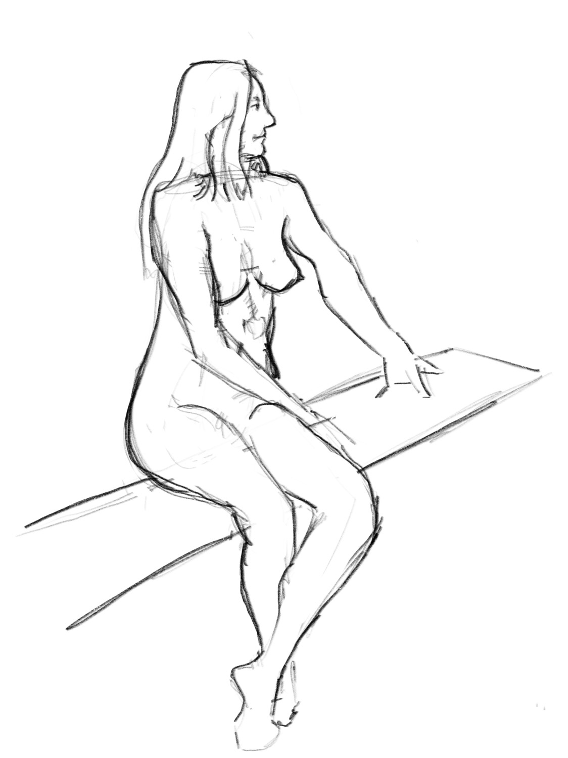 A sketch from a life drawing class of a woman sitting on a bench
