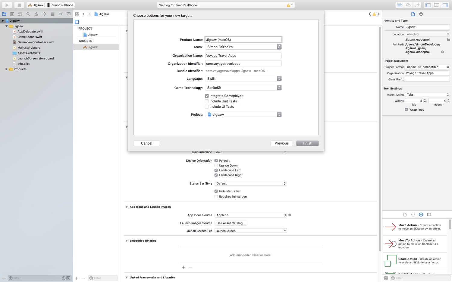 A screenshot of Xcode's New Target Options pane, where a list of options are shown. The important options are that the language is Swift, the Game Technology is SpriteKit, and Integrate GameplayKit is selected and Unit and UI Tests are not selected.
