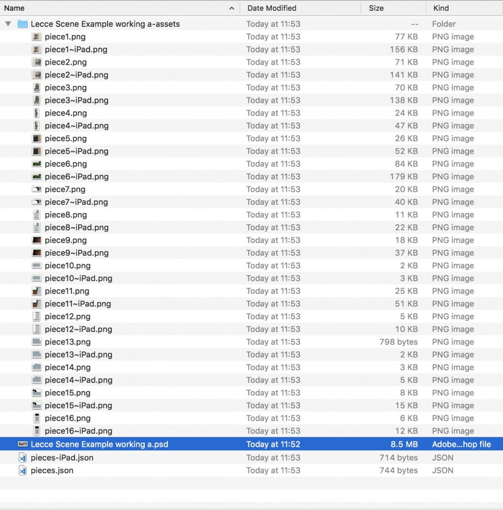 A screenshot of a finder window listing out the 32 pieces files (16 for iPhone and 16 for iPad) and the two JSON files.