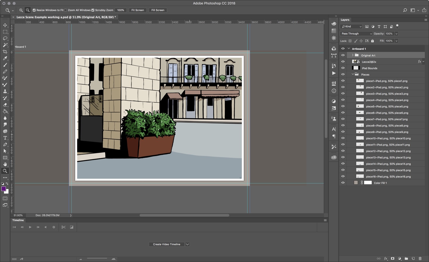 A screenshot of Photoshop featuring an illustrated scene from Lecce in the main window and a list of layers on the right hand side. The layers show how this image has been cut up into 16 different layers, which are in a layer group called Pieces