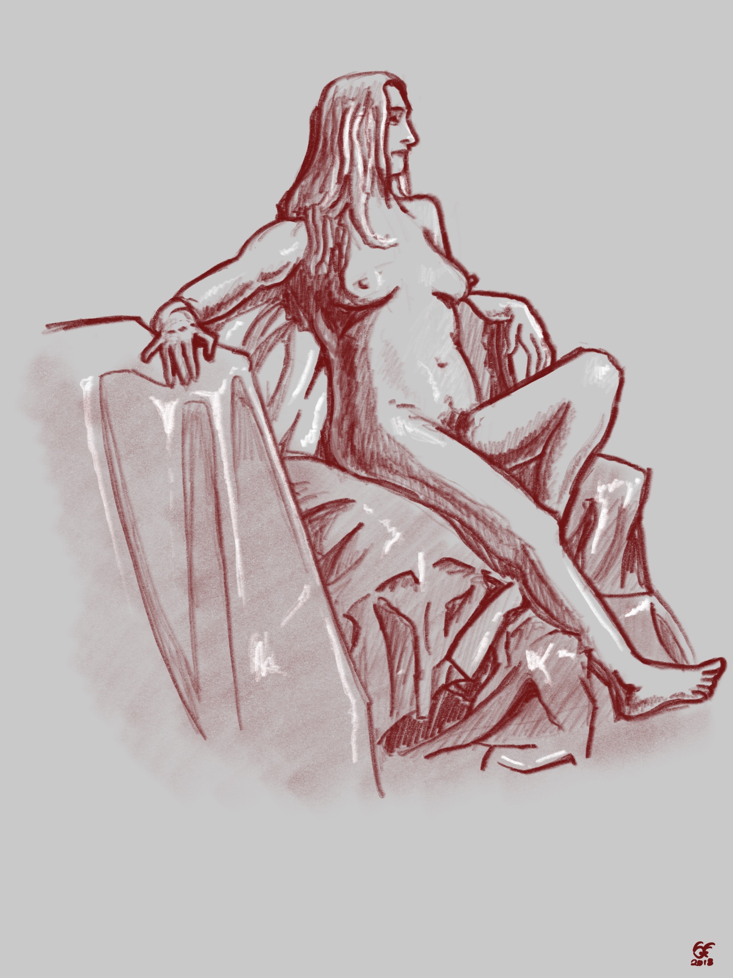 Sketch of a naked woman sitting on shiny fabric, done in red pencil with white highlights on a light gray background.