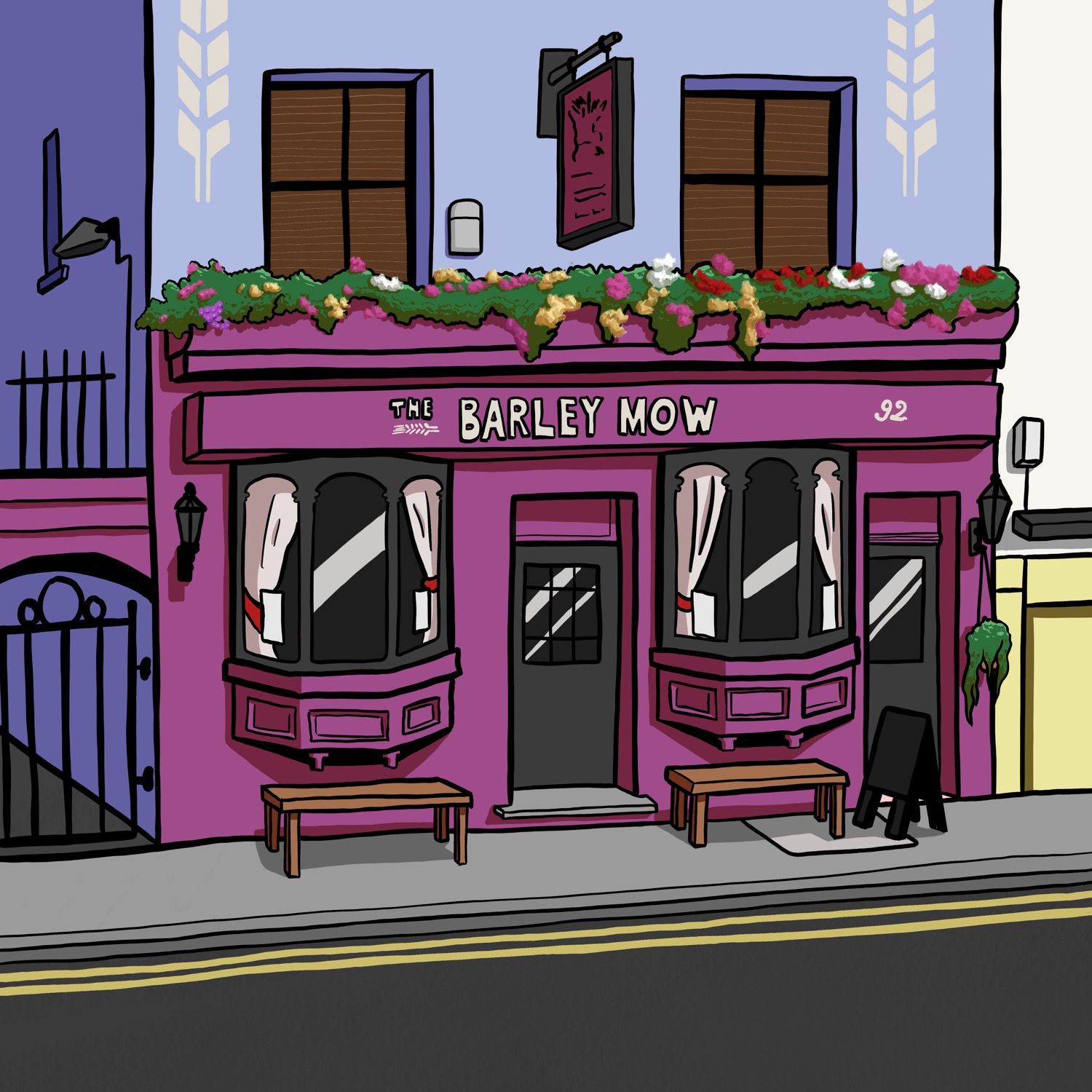 An illustration of the Barley Mow pub in Kemptown, which has a bright purple façade with a long flower box above its ground floor bay windows and door.