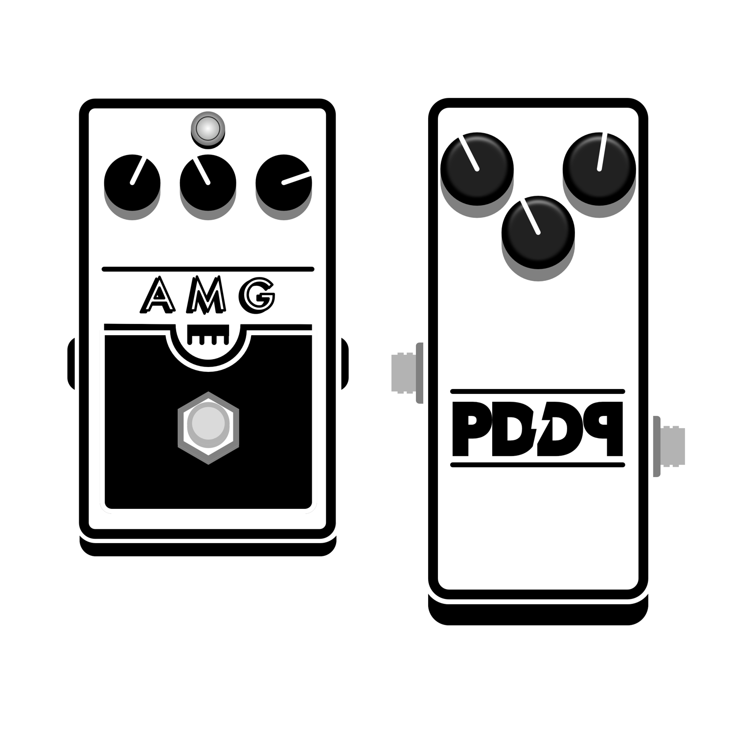 A pair of guitar black and white stylised guitar pedals