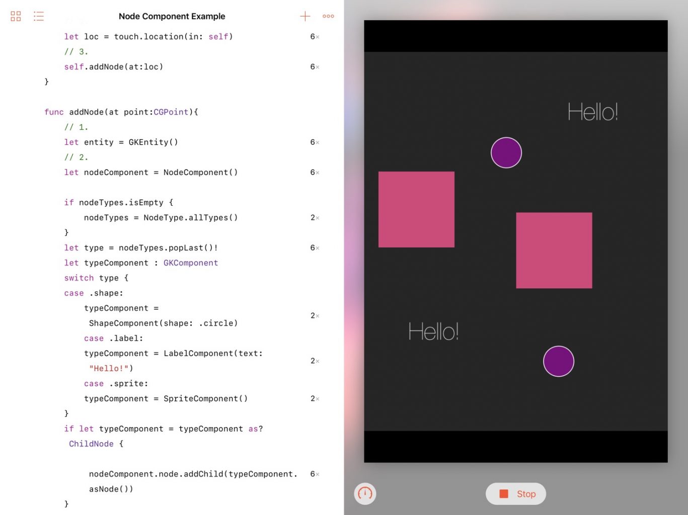 A screenshot of a Swift Playground showing code on the left and a grey field on the right filled with circles, squares, and text labels that say "Hello!"
