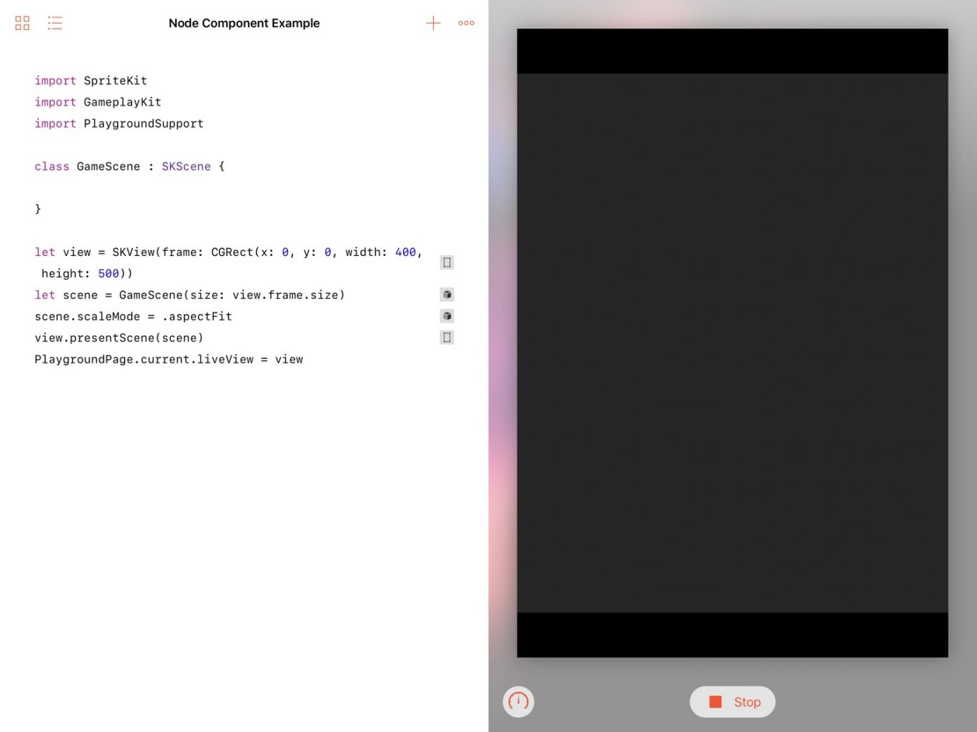 A screenshot of Swift Playgrounds. There is some basic code (above) on the left and on the right is a blank, grey field.