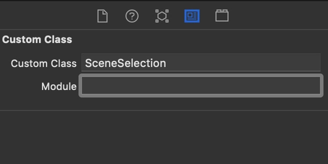 Screenshot of the SpriteKit Scene Editor's Custom Class panel. The Custom Class is set to SceneSelection and the module is blank.