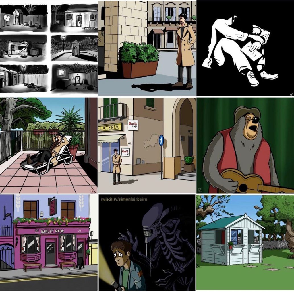 My Instagram Top 9 of 2018. 9 small square boxes featuring, from top left, a set of 6 concept drawings of a spooky bathroom, my character in a trench coat in Lecce main square, my black and white despair man sitting with his head between his knees, my trench coat dude lounging on an Italian balcony, my in a trench coat in another Lecce square, Big Al from the Country Bear Jamboree, illustration of the Barley Mow in Brighton, me being hunted by an alien, and the honesty bar at Masseria Il Frantoio in Puglia.