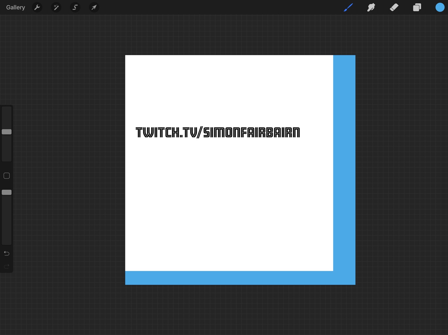 Screenshot showing the Procreate drawing app with a white box that has twitch.tv/simonfairbairn written in it. This box is offset so that the right and bottom edges show some blue from the layer below to illustrate how the white background is copied from Comp CC.