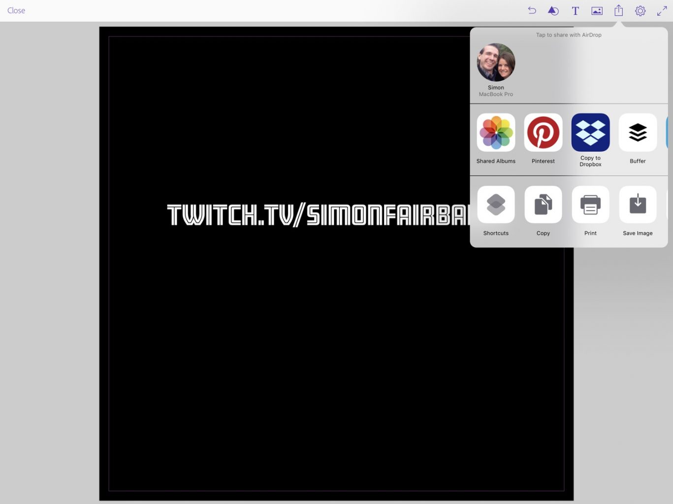 Screenshot showing the Comp CC app. It's a large, square document with a black background and white text on top. The text says twitch.tv/simonfairbairn. The share sheet is open and it has an option that says 'copy' visible.