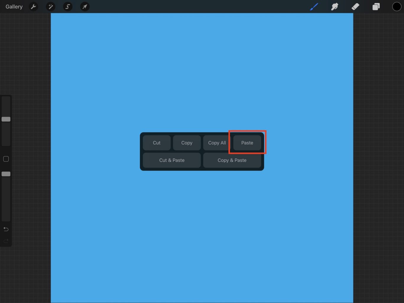 Procreate with the paste dialog open. The dialog has the usual array of clipboard controls, including cut, copy, and (most importantly for us) paste.