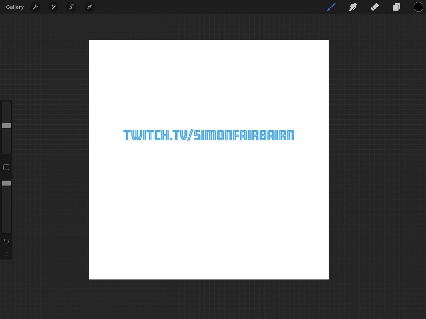 The Procreate app with the layer mask applied, which has caused the blue background to turn in to blue text on a white background. The blue text says twitch.tv/simonfairbairn. 