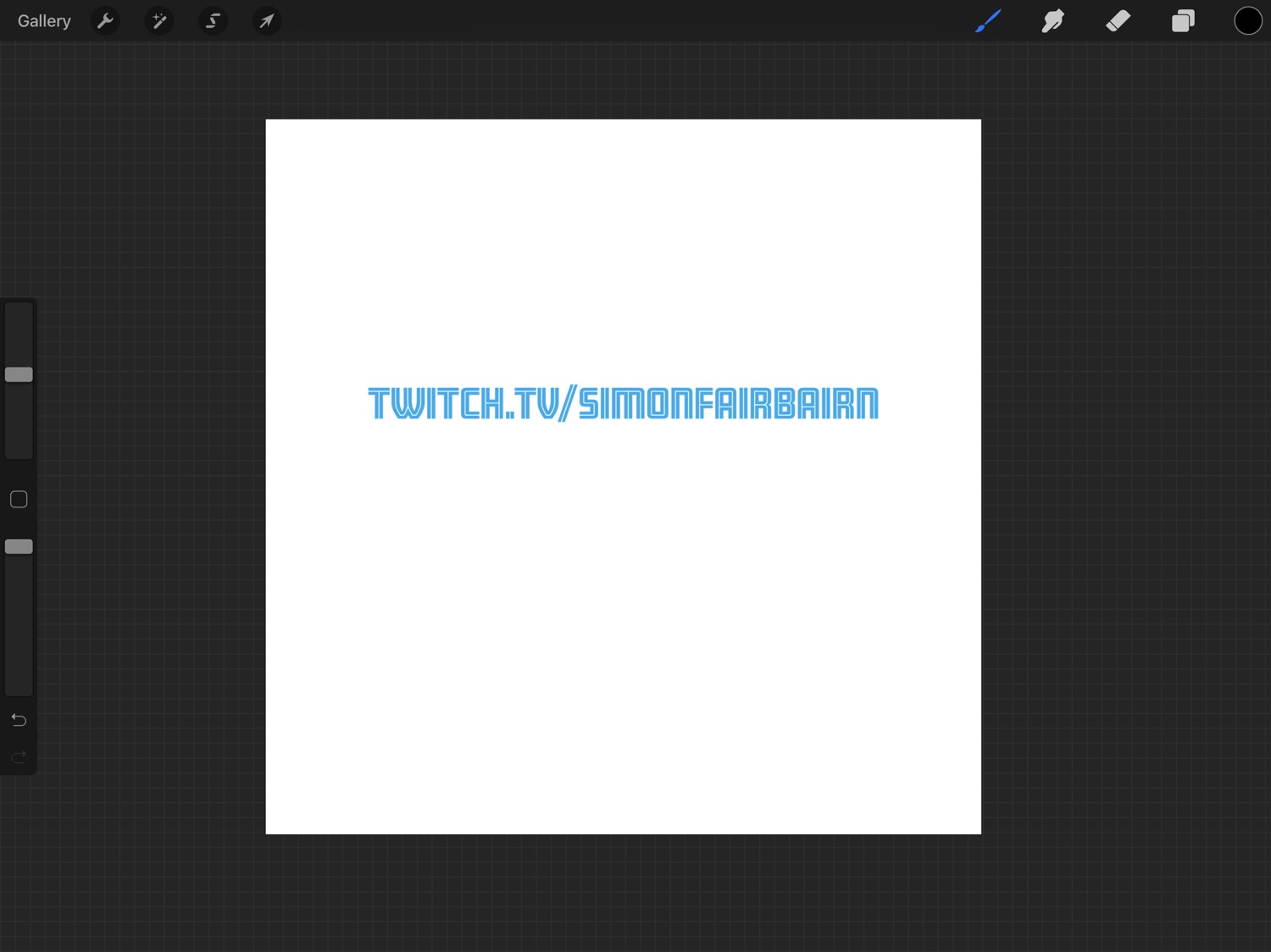 The Procreate app with the layer mask applied, which has caused the blue background to turn in to blue text on a white background. The blue text says twitch.tv/simonfairbairn.