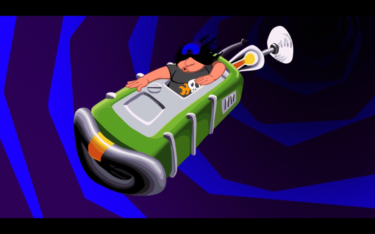 The classic Day of the Tentacle Screenshot. Hoagie is surfing with his head poking out the window of the Chron-o-John as it flies through a blue and purple vortex.