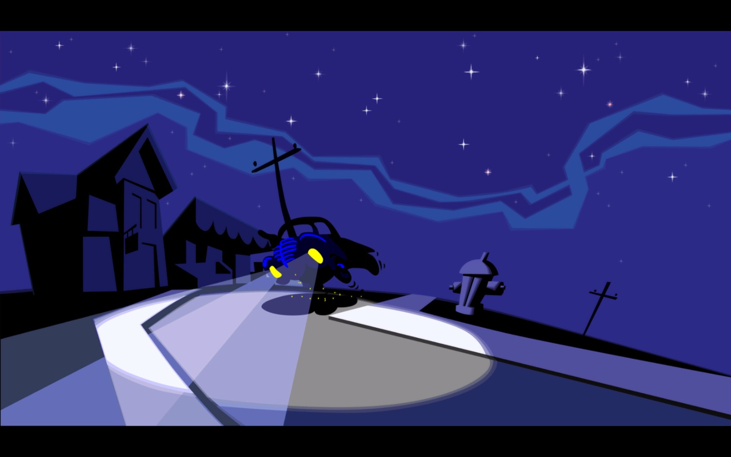 Screenshot from Day of the Tentacle showing a car with blazing headlines screeching around a corner at night. There are two houses in the back, and the car is turning around a fire hydrants.