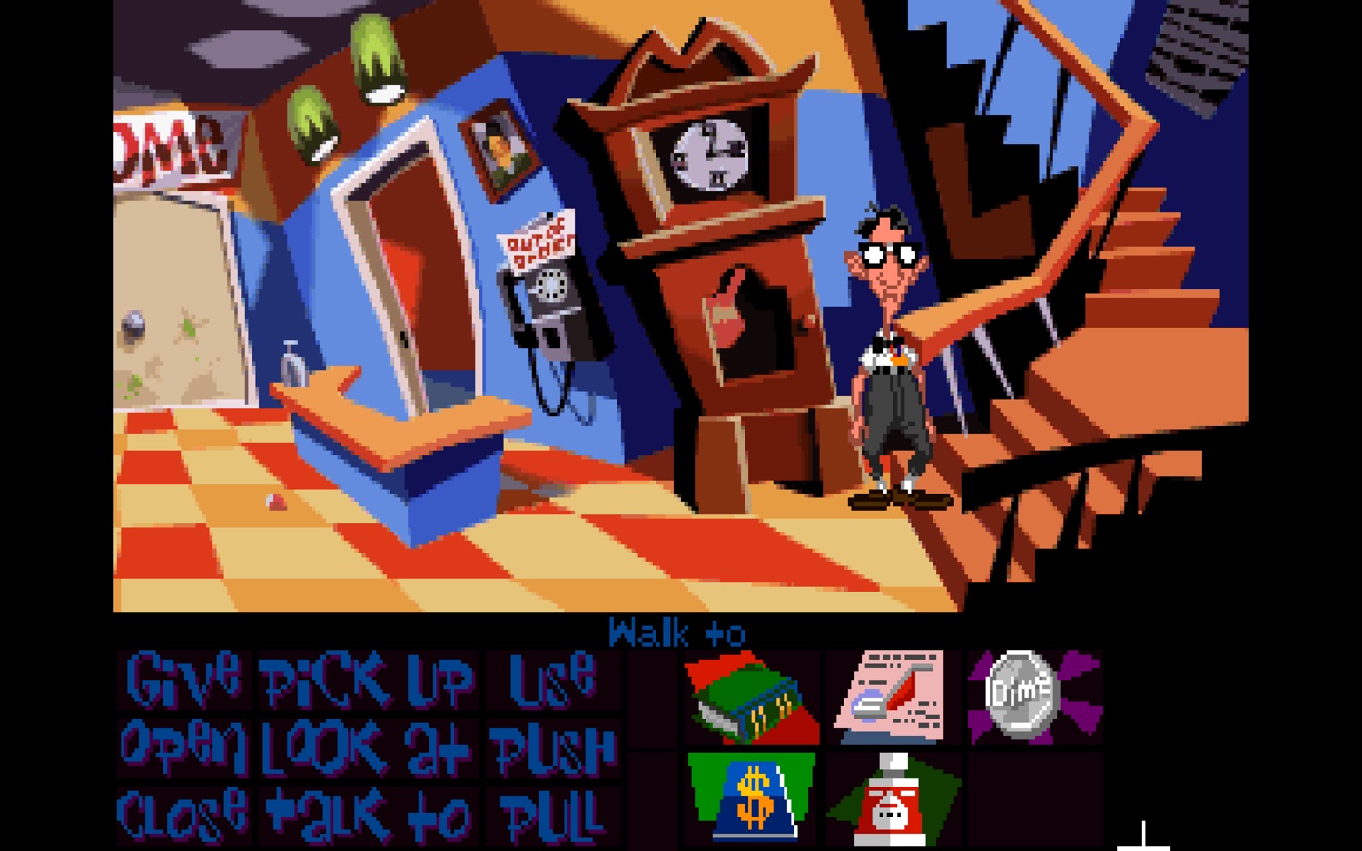 Screenshot of the 1993 version of Day of the Tentacle. Bernard is in the hallway standing next to a grandfather clock and a stair case. The lower third of the screen is filled with a verb list on the left and an inventory on the right.