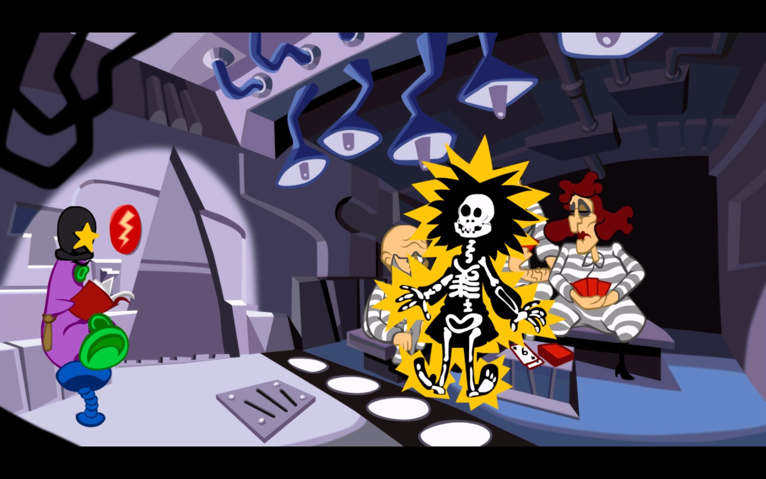Screenshot of the Day of the Tentacle jail. We are in the future, and there is a tentacle jailer sitting to the left. In the middle, Laverne is being shocked by the electric bars of the jail and you can see her skeleton. Behind her sits the rest of the family, bored and playing cards.