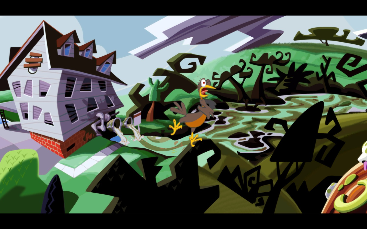 Screenshot from Day of the Tentacle, showing the mansion. It's pumping galloons of horrible slime out into the countryside, polluting the waters and killing the foliage. There is a bird choking.