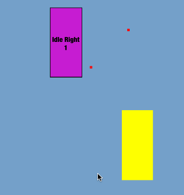 Animated gif showing the dialogue sequence in action. There is a purple rectangle and, below and to the right of it, a yellow rectangle. Clicking on the yellow rectangle causes the purple rectangle to move down towards it. When the purple rectangle is next to the yellow one, a label appears above the yellow one saying 'Hello, my name is Yellow'.
