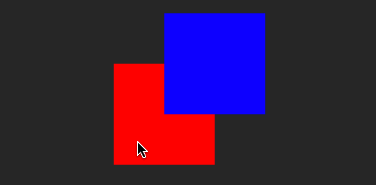 Animated gif showing a red square offset from the centre towards the bottom right partially obscured by a blue square offset to the top right. The red square spins 90º once when clicked in the area not obscured by the blue square, but doesn't spin when clicked in the area where it is obscured by the blue square.