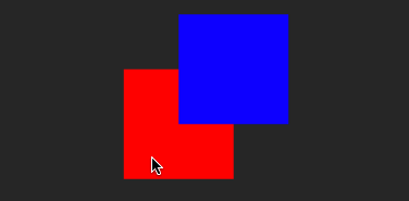 Animated gif showing a red square offset from the centre towards the bottom right partially obscured by a blue square offset to the top right. The red square spins 90º once when clicked in the area not obscured by the blue square, and once again when clicked in the area where it is obscured by the blue square.